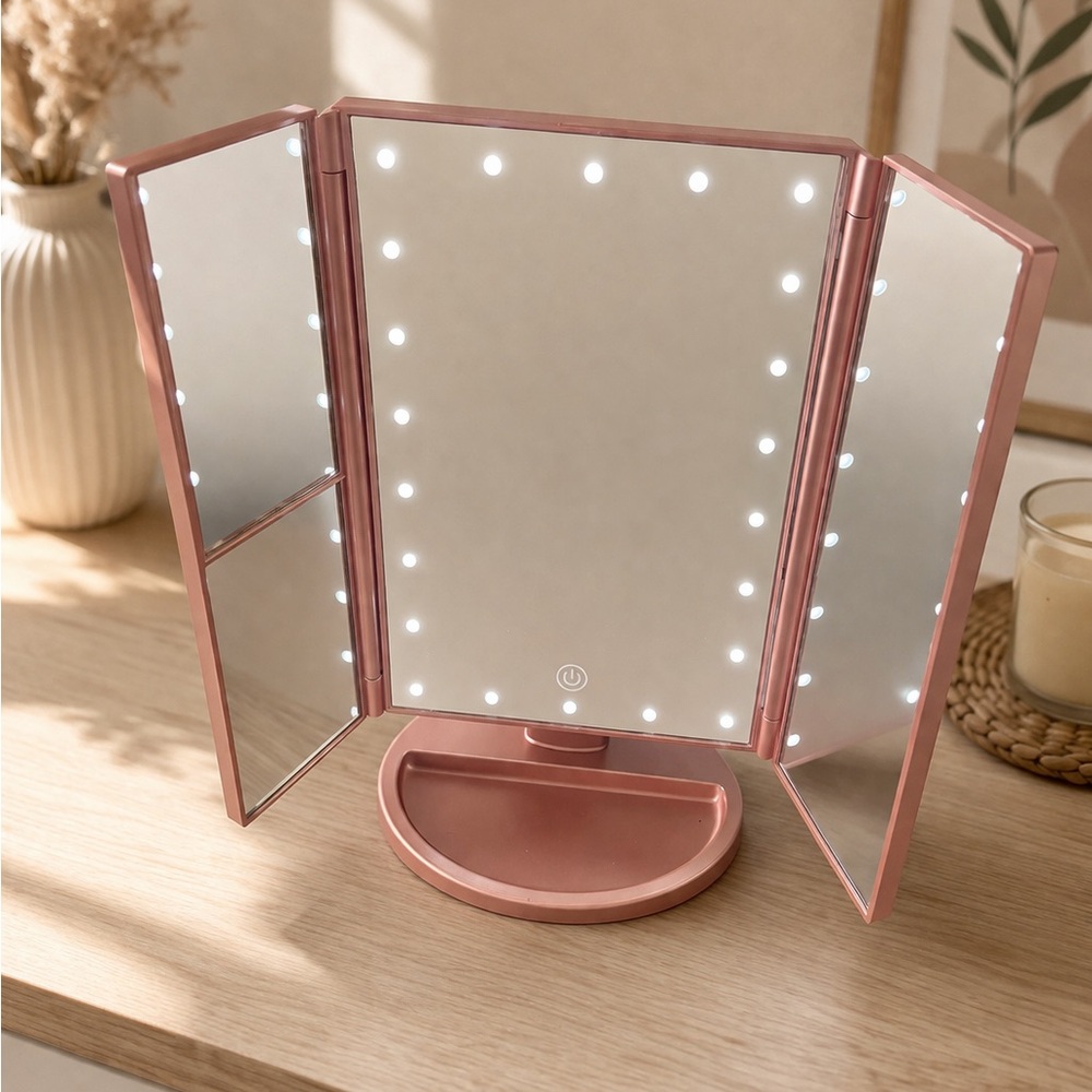 Tri-Fold LED Lighted Makeup Mirror - Rose Gold